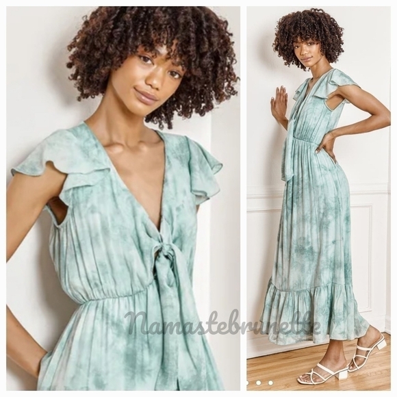 Nwt Lulu's Sage Tie-Dye Tie-Front Tiered Midi Dress - Picture 1 of 17